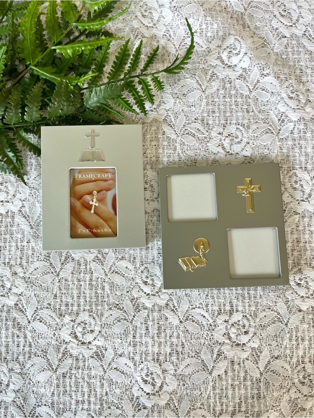 Pair of Silver Tone Metal Mini Picture Frames W Crosses